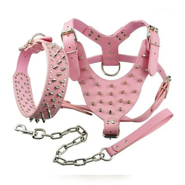 3pcs Set Dogs Kingdom Spiked Studded Dog Harness Collar Chain Walking Training Adjustable Leather Dog Pet Collar Harness Leash