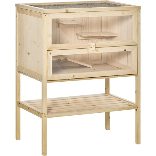 3Tier Wooden Hamster Cage Mice and Rat Cage Small Animals Hutch with Openable Top Front Door Storage Shelf Natural Wood