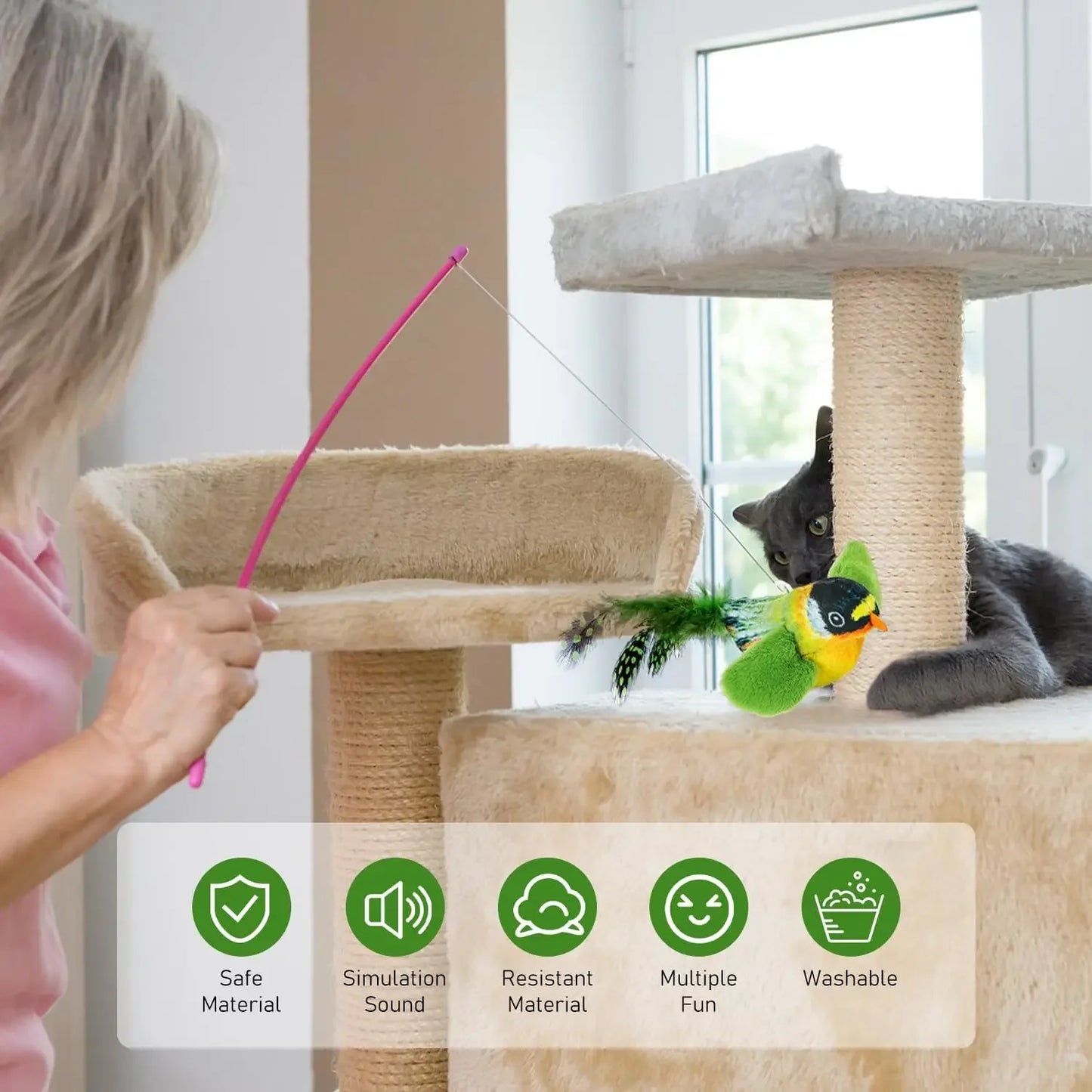 Pet Cat Toys for Indoor Cats Interactive Kitten Toy Realistic Bird Sound Containing Plush and Catnip Materials