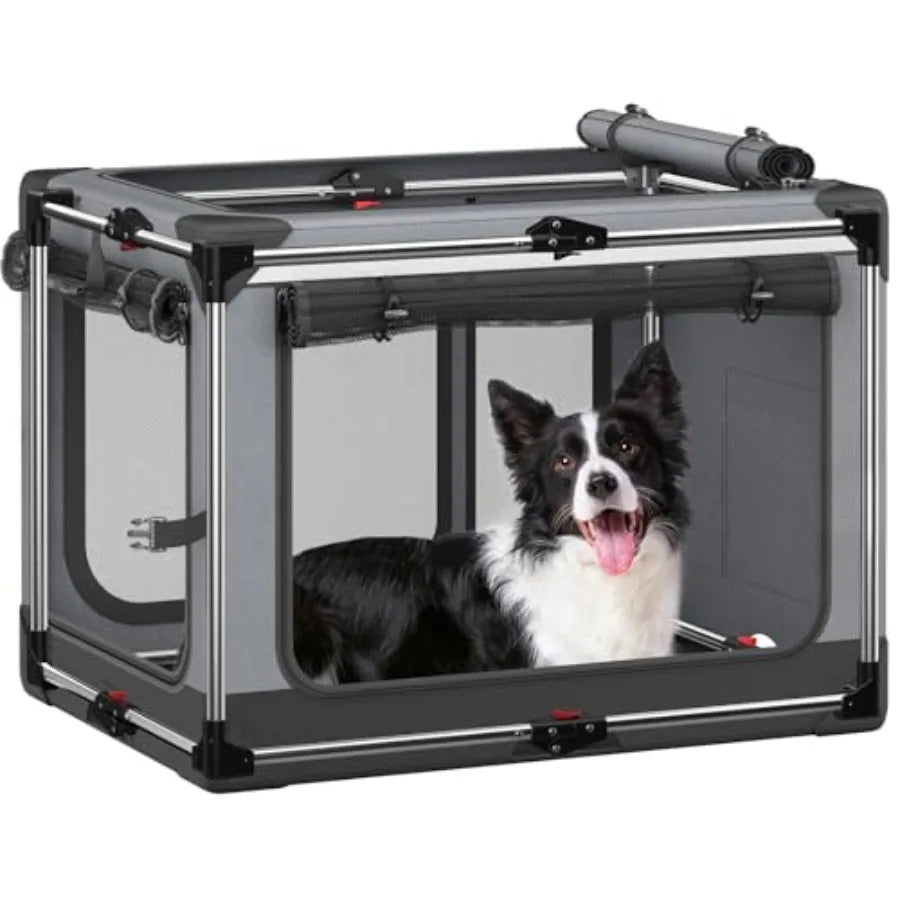 Collapsible Dog Crate 38 Inch Foldable Soft Sided for Large Dogs Portable Travel Kennel with Soft Mat Indoor Outdoor Use Grey 3