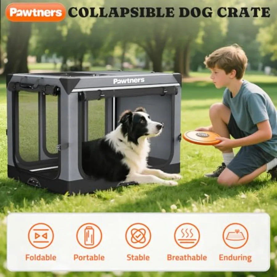 Collapsible Dog Crate 38 Inch Foldable Soft Sided for Large Dogs Portable Travel Kennel with Soft Mat Indoor Outdoor Use Grey 3