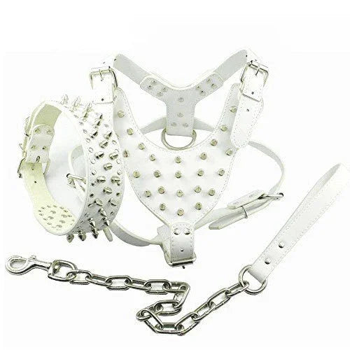 3pcs Set Dogs Kingdom Spiked Studded Dog Harness Collar Chain Walking Training Adjustable Leather Dog Pet Collar Harness Leash