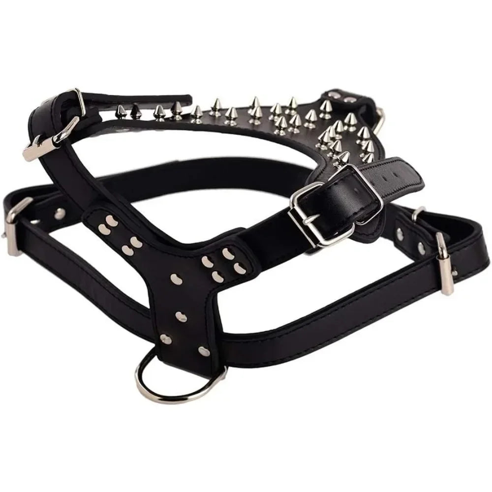 3pcs Set Dogs Kingdom Spiked Studded Dog Harness Collar Chain Walking Training Adjustable Leather Dog Pet Collar Harness Leash