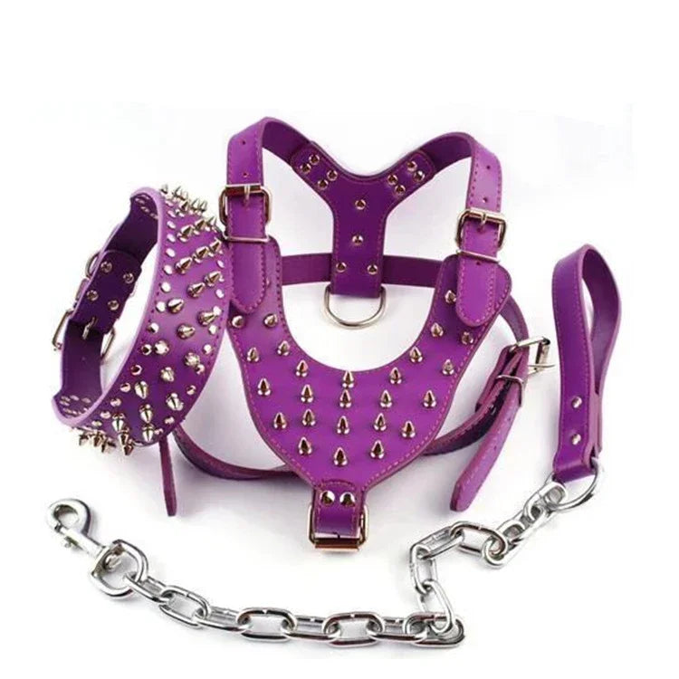 3pcs Set Dogs Kingdom Spiked Studded Dog Harness Collar Chain Walking Training Adjustable Leather Dog Pet Collar Harness Leash