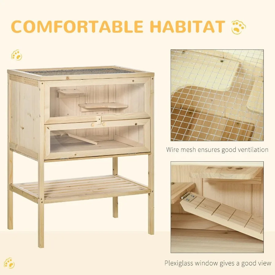 3Tier Wooden Hamster Cage Mice and Rat Cage Small Animals Hutch with Openable Top Front Door Storage Shelf Natural Wood