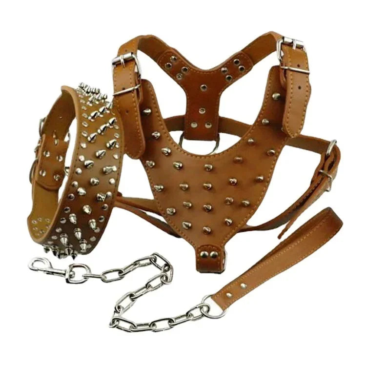 3pcs Set Dogs Kingdom Spiked Studded Dog Harness Collar Chain Walking Training Adjustable Leather Dog Pet Collar Harness Leash