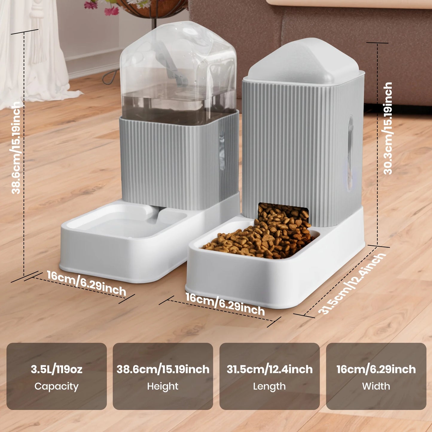 3.5L Automatic Dog/Cat Feeder And Water Dispenser Combo, All-in-One Gravity Pet Food Dispenser With Removable Stainless Steel Bo