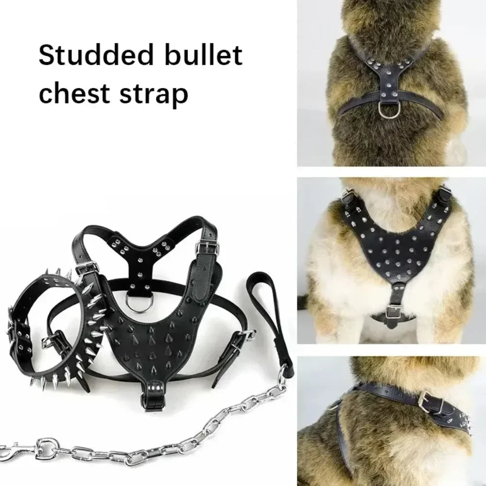 3pcs Set Dogs Kingdom Spiked Studded Dog Harness Collar Chain Walking Training Adjustable Leather Dog Pet Collar Harness Leash