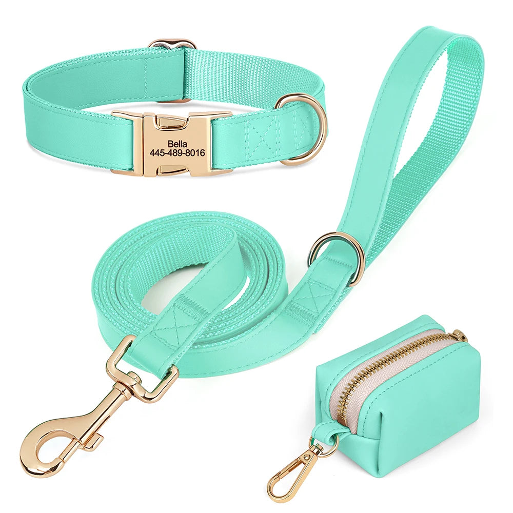 Personalized Dog Collar Leash Bag Set Custom PU Leather Dog Collars Colorful Pet Necklace With Leashes Poop Bag for Dogs Pug
