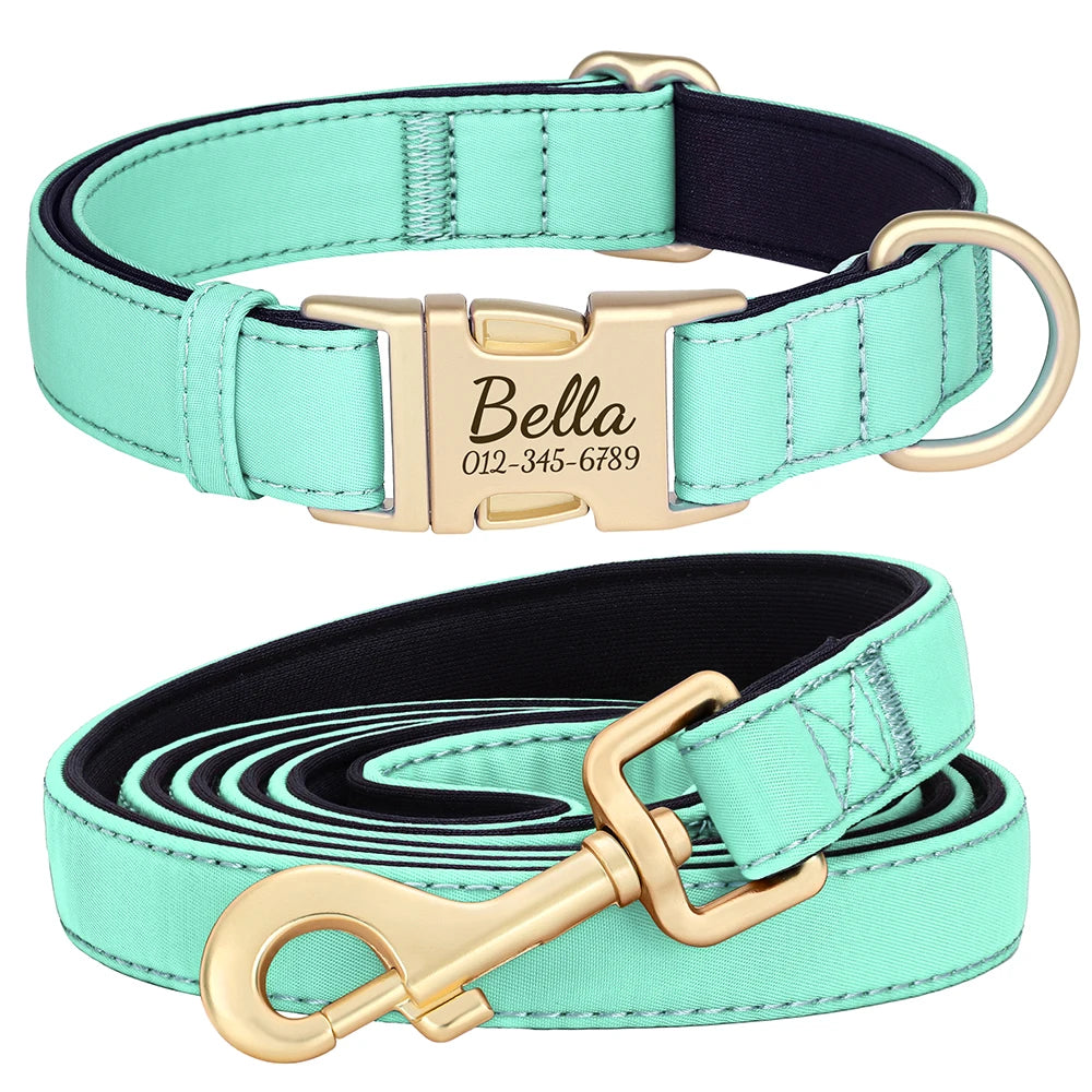 Personalized Dog Collar Leash Set Durable Nylon Dog Necklace Free Engraving Pet Puppy Collars With Lead Waterproof For Dogs Pug